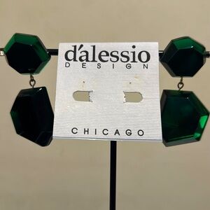 Vintage Dalessio Design Chicago Green Plastic Crystal Dangle Earrings ClipOn 80s